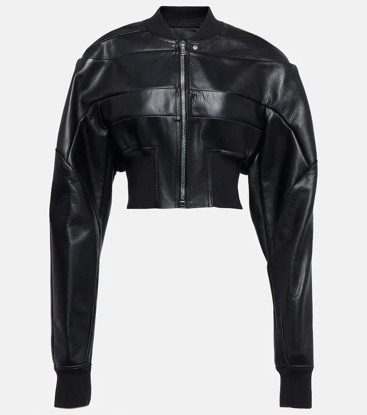 Cropped leather bomber jacket