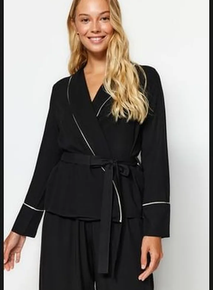 Black Piping Detailed Double Breasted Shirt-Pants Viscose Woven Pajamas Set