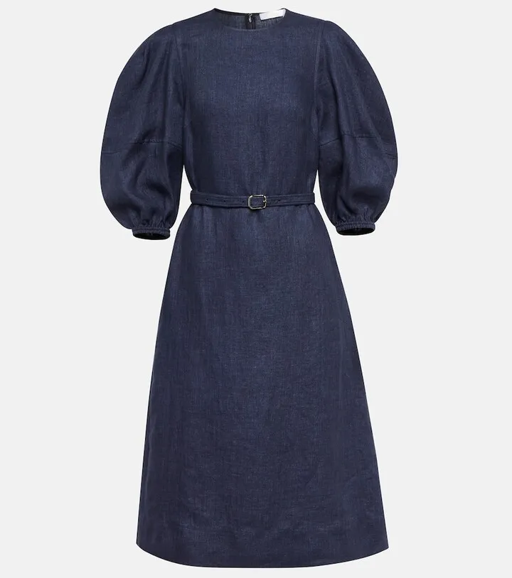 Puff-sleeve linen midi dress