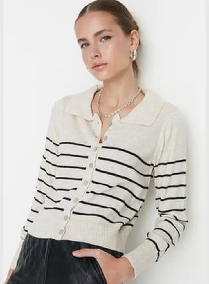 Beige Polo Collar Knitwear Cardigan
