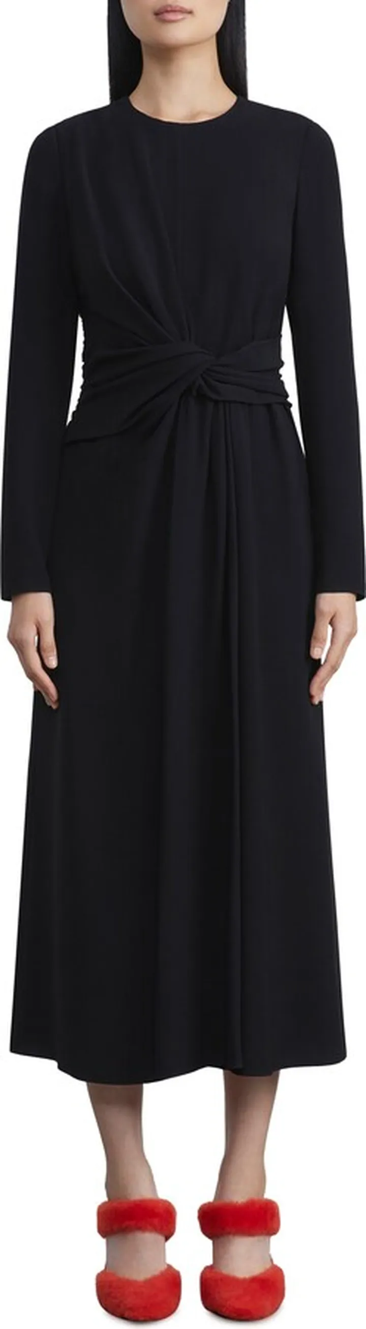 Twist Waist Long Sleeve Finesse Crepe Midi Dress