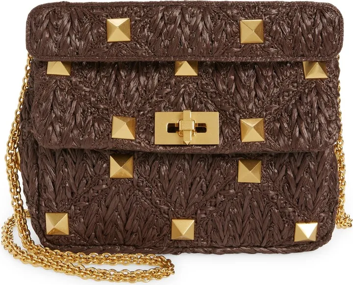Medium Roman Stud Faux Raffia Bag