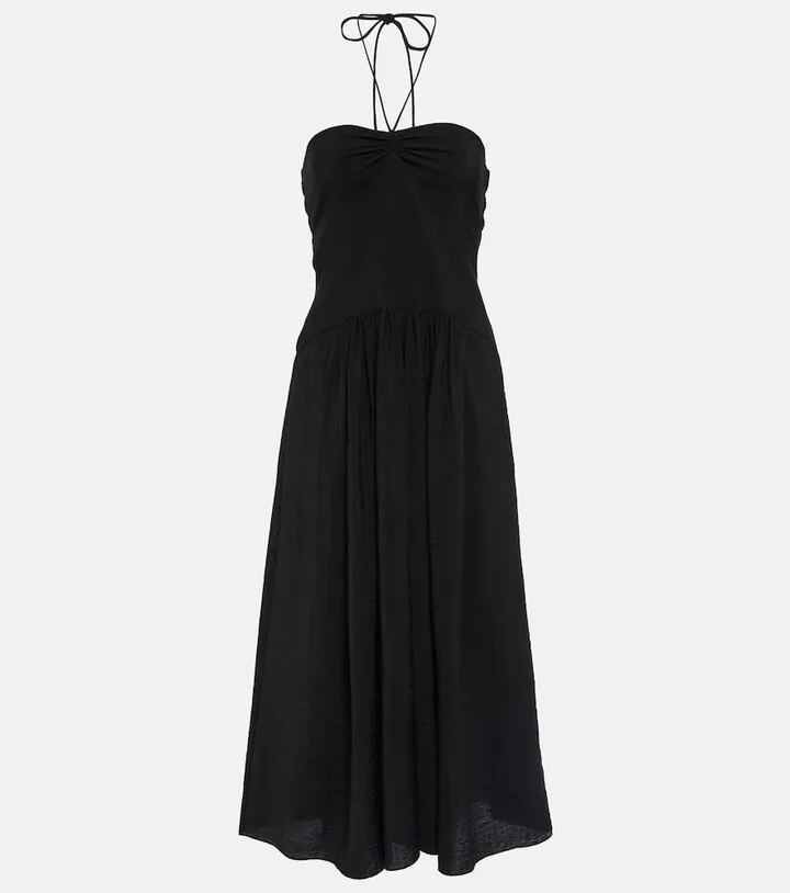 Ruched halterneck voile midi dress