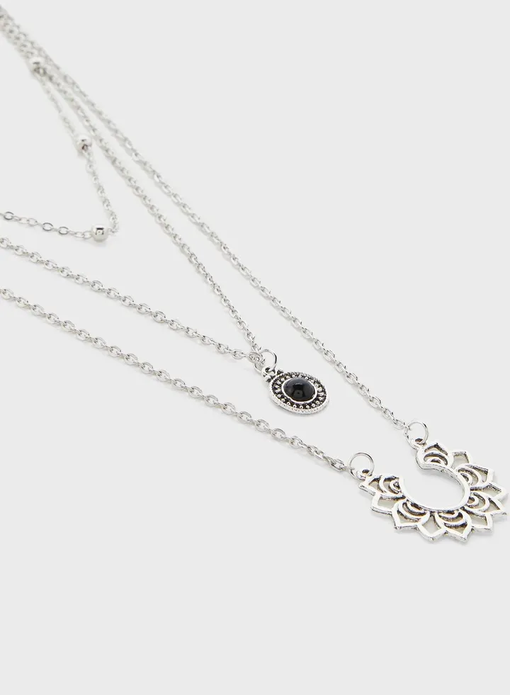 Triple Layer Stone And Decorative Necklace