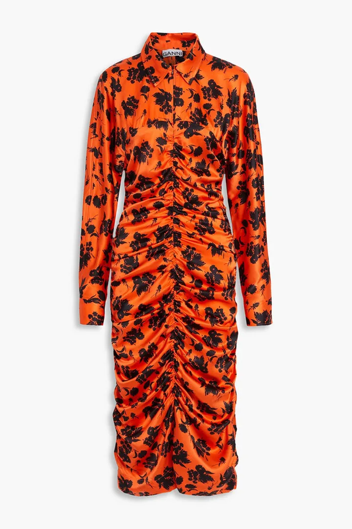 Ruched floral-print silk-blend satin midi shirt dress