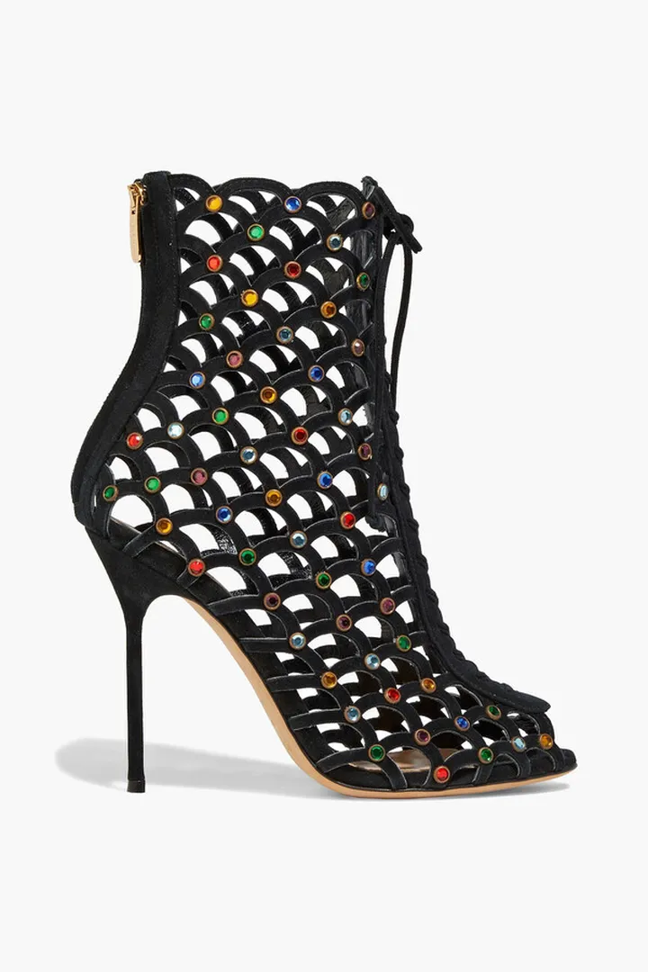 Crystal-embellished laser-cut suede ankle boots