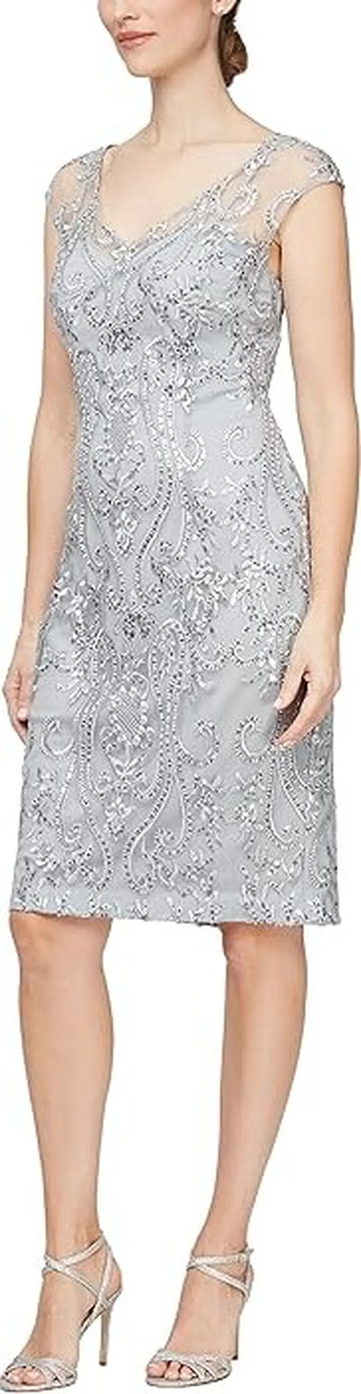 Alex Evenings Short Embroidered Dress with Illusion Neckline (Pale Lilac) Women's Dress