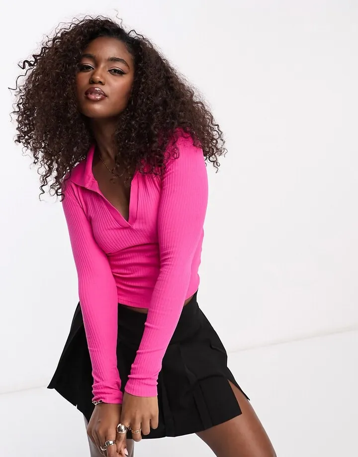 Monki polo collar top in pink