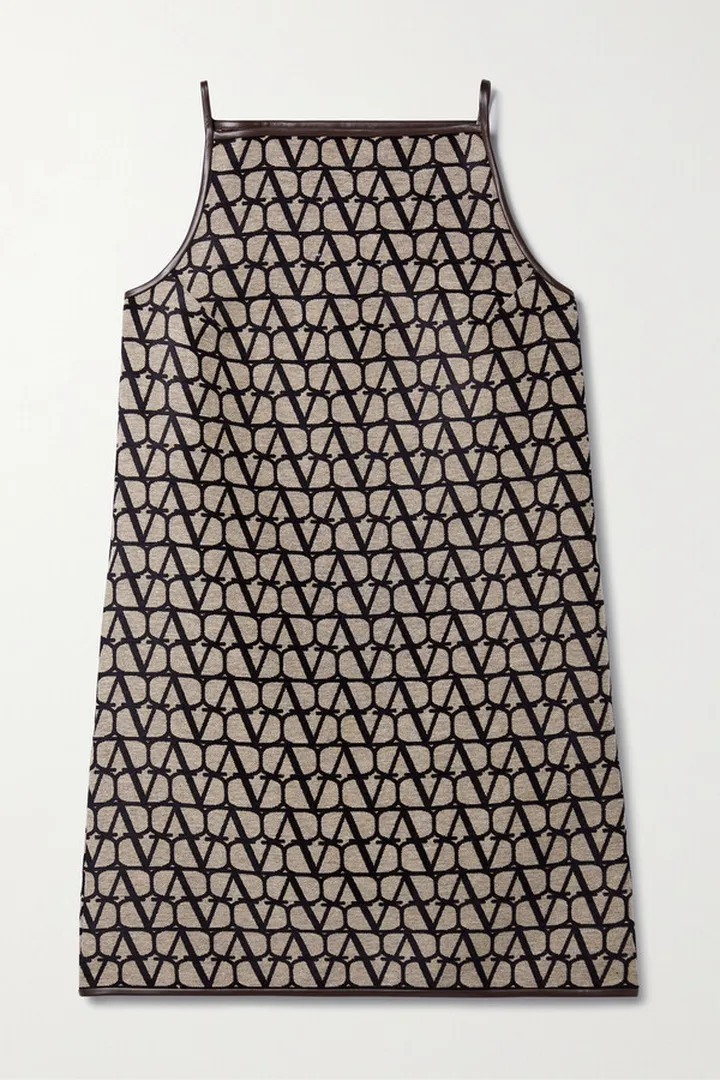 Valentino Garavani - Leather-trimmed Canvas-jacquard Mini Dress - Brown