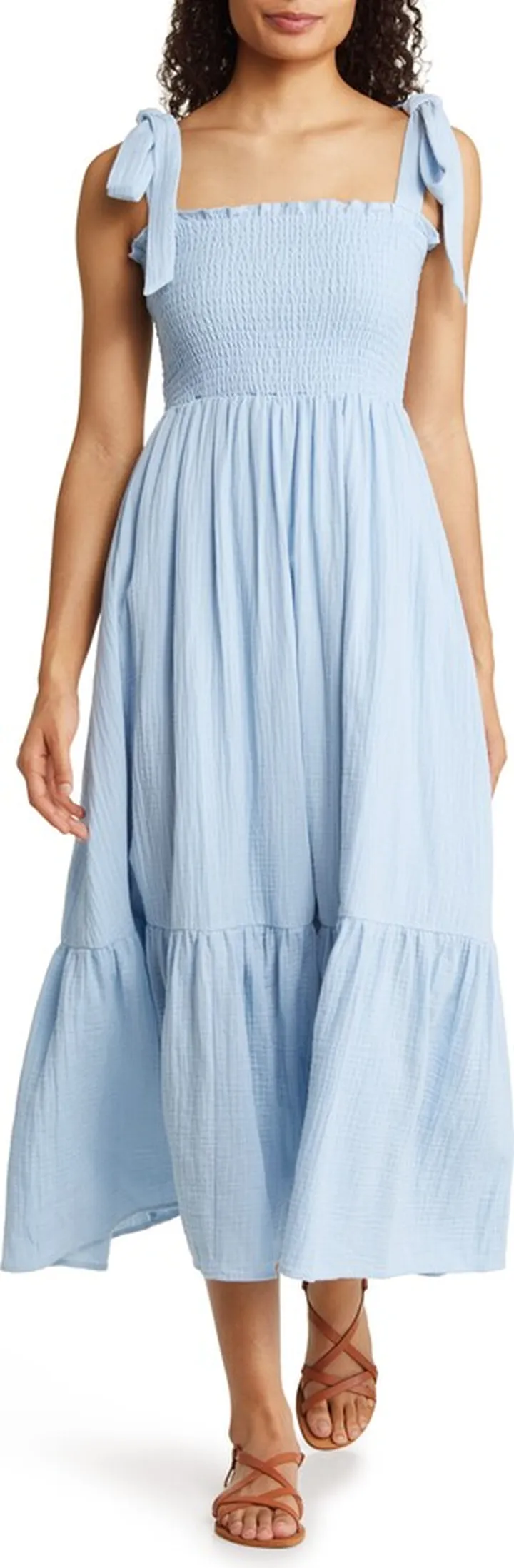 Smocked Tie Strap Cotton Gauze Midi Sundress
