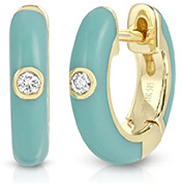 Diamond Turquoise Enamel Huggie Earrings (14k Yellow Gold)