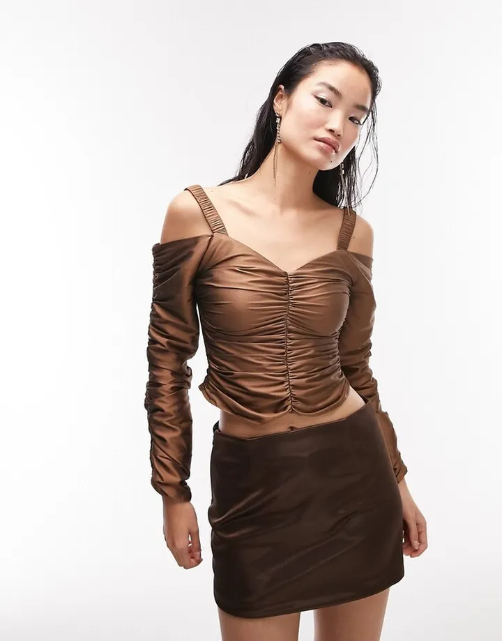 Topshop long sleeve ruched top in tan