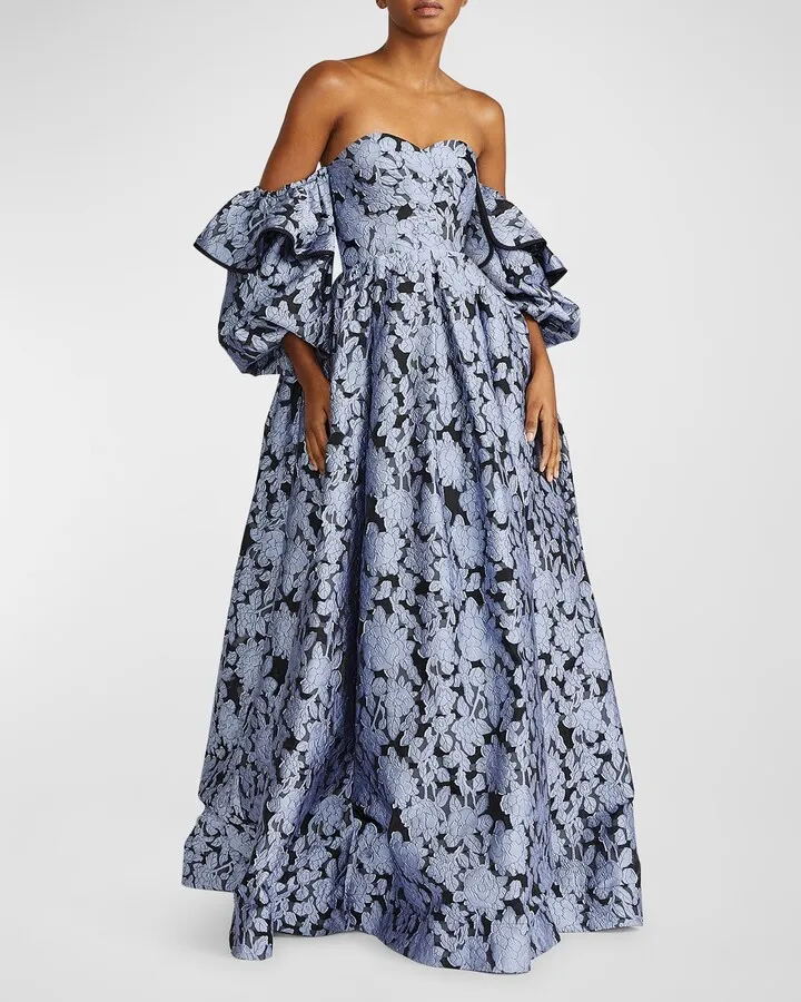 Off-Shoulder Floral-Jacquard Sweetheart Gown