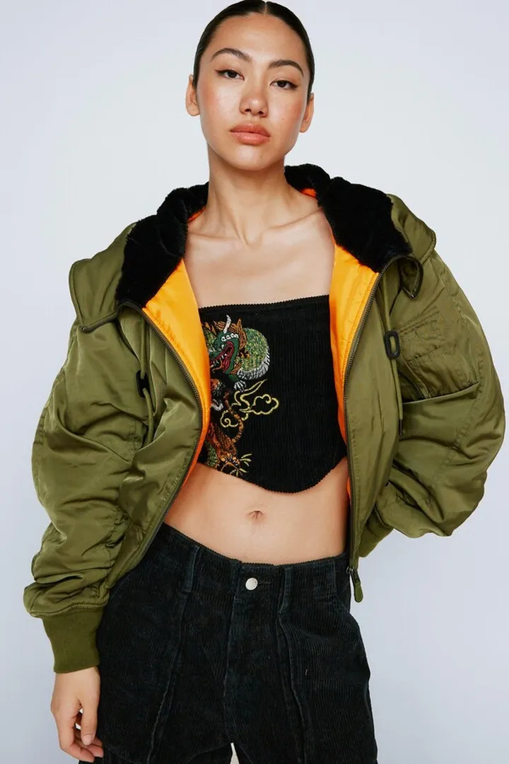 Nasty Gal Womens Faux Fur Lined Zip Hood Bomber Jacket