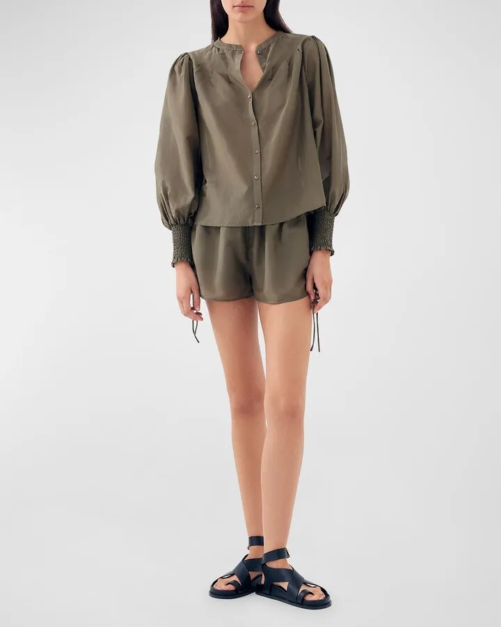 Dolly Mandarin-Collar Puff-Sleeve Cotton-Silk Shirt