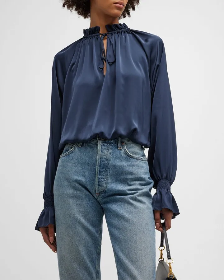 Bethany Satin V Neck Long Sleeve Blouse