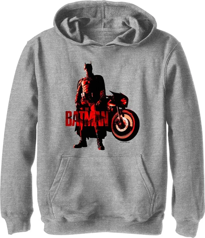 Boy's The Batman Red Batcycle Pull Over Hoodie - Athletic Heather - Medium