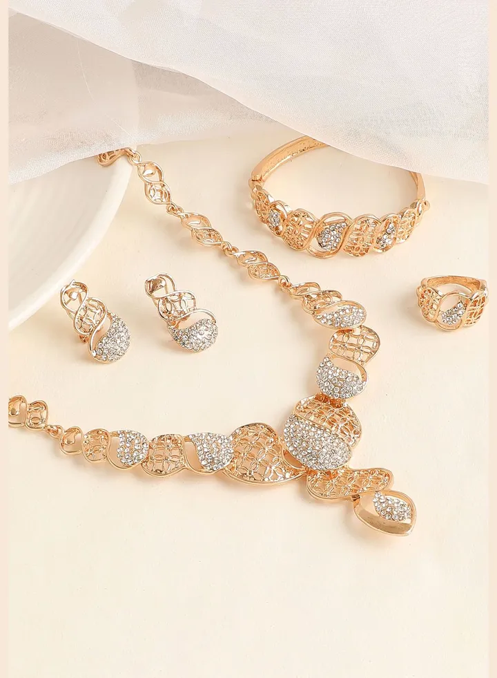 Gold Plated Designer Stone Necklace, Earring, Ring and Bracelet Set