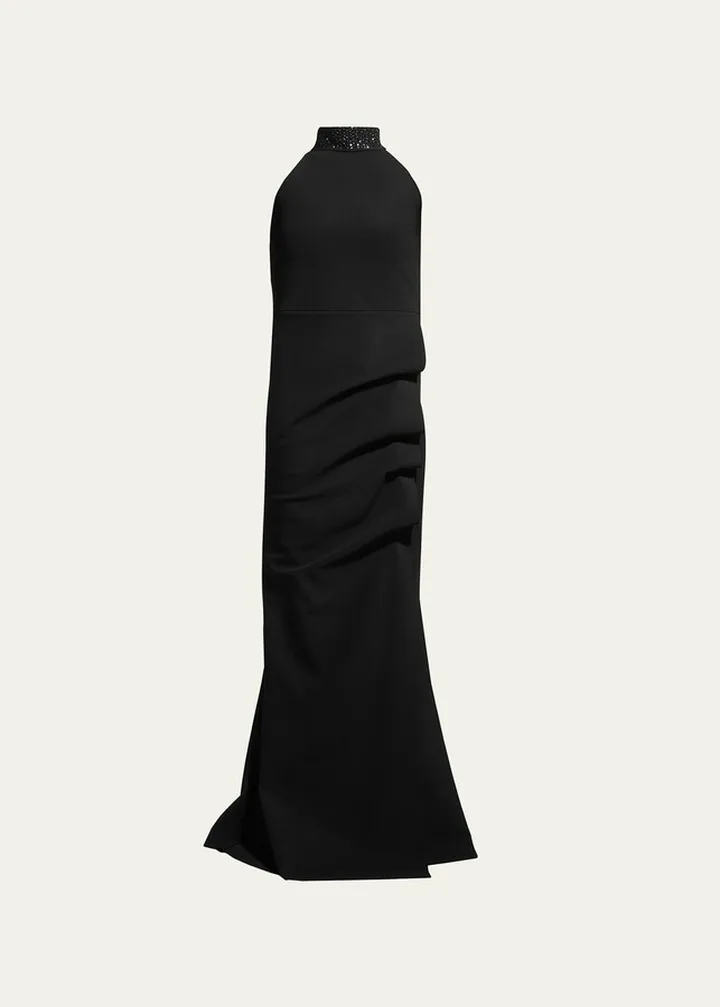 Slavinka Beaded-Neck Halter Gown