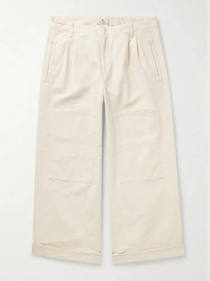 Pleated Wide-Leg Cotton-Blend Twill Trousers