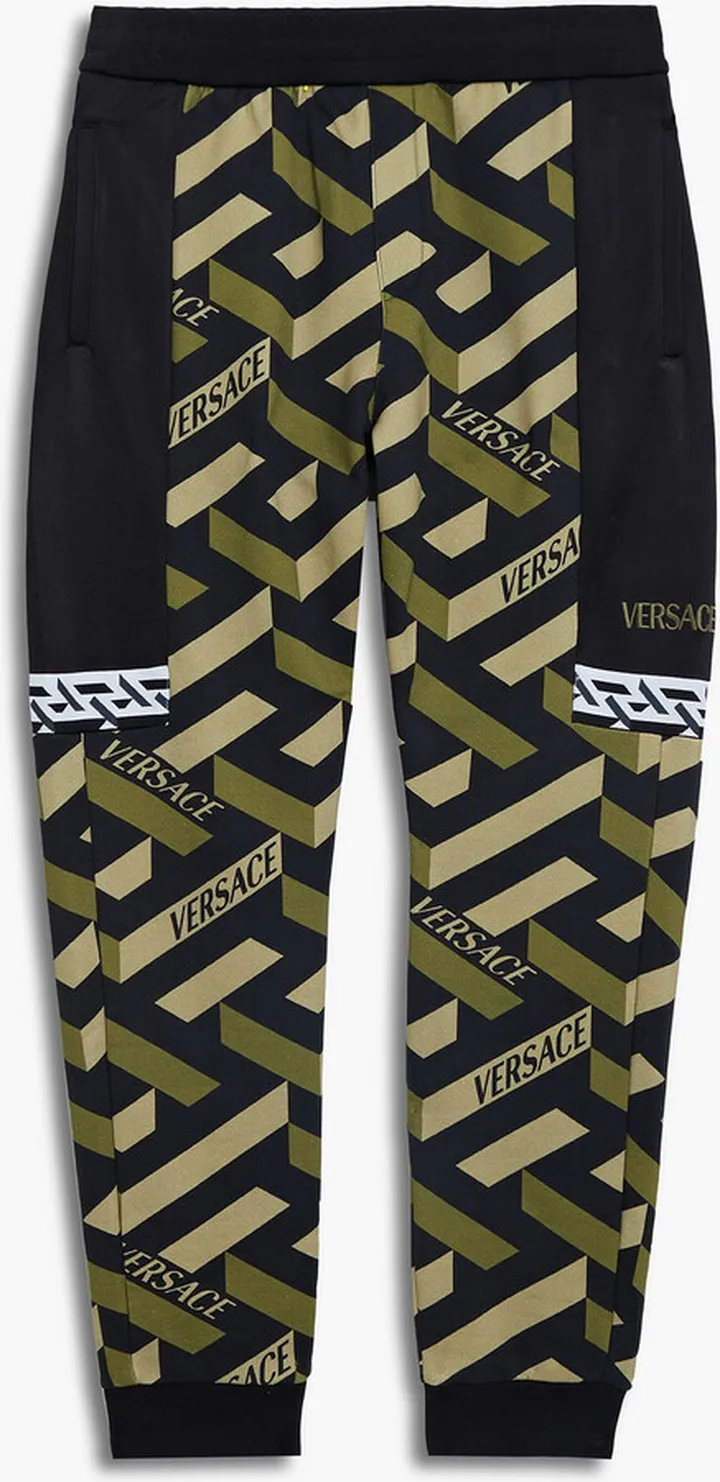 Jacquard-trimmed printed fleece sweatpants