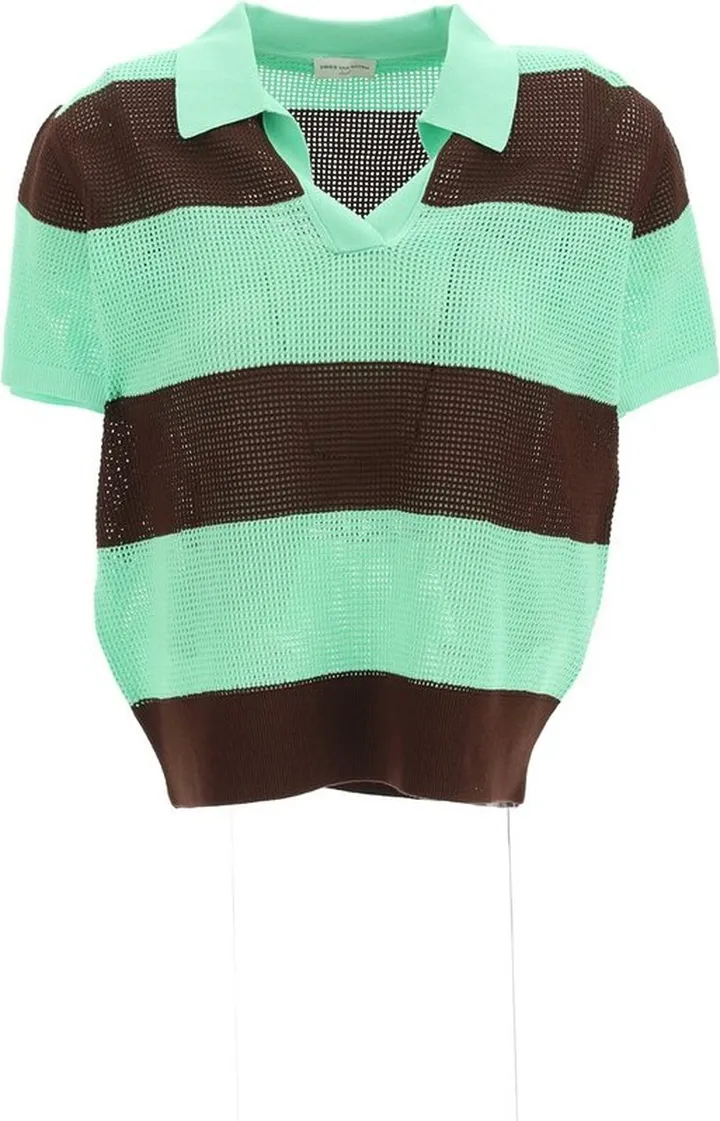 Dries Van Noten Striped Mesh Knitted Polo Shirt