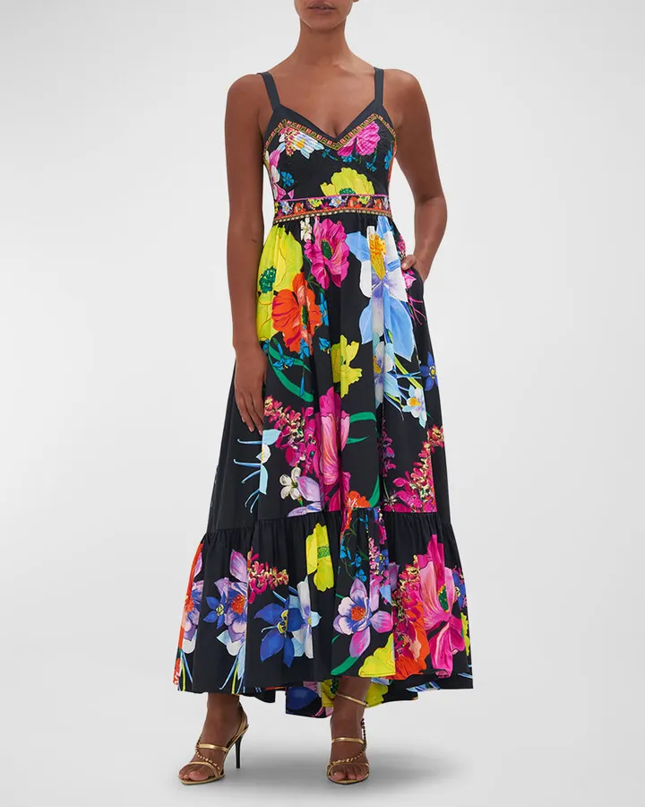 Fitted Bodice Floral Cotton Maxi Dress