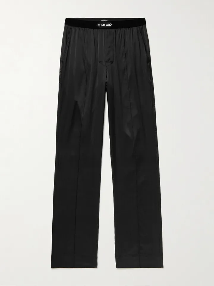 Velvet-Trimmed Stretch-Silk Satin Pyjama Trousers