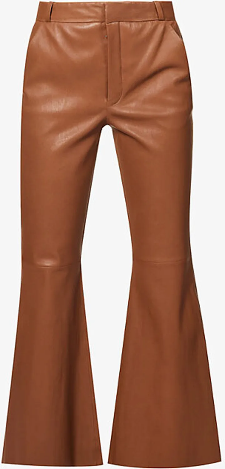 Womens Dark Tan Evyn Mid-rise Flared-leg Leather Trousers