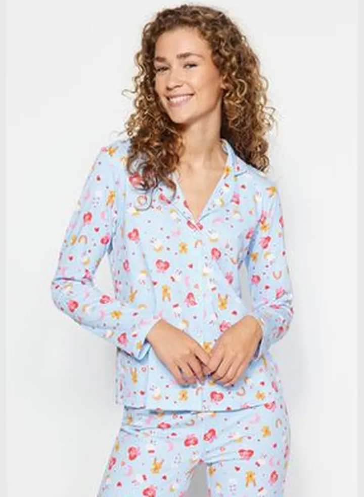 Blue 100% Cotton Shirt-Pants Knitted Pajamas Set THMAW24PT00150.