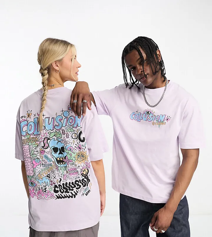 COLLUSION Unisex doodle graphic short sleeve t-shirt in lilac