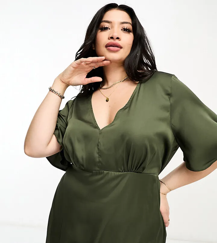 ASOS DESIGN Curve satin angel sleeve mini tea dress in khaki