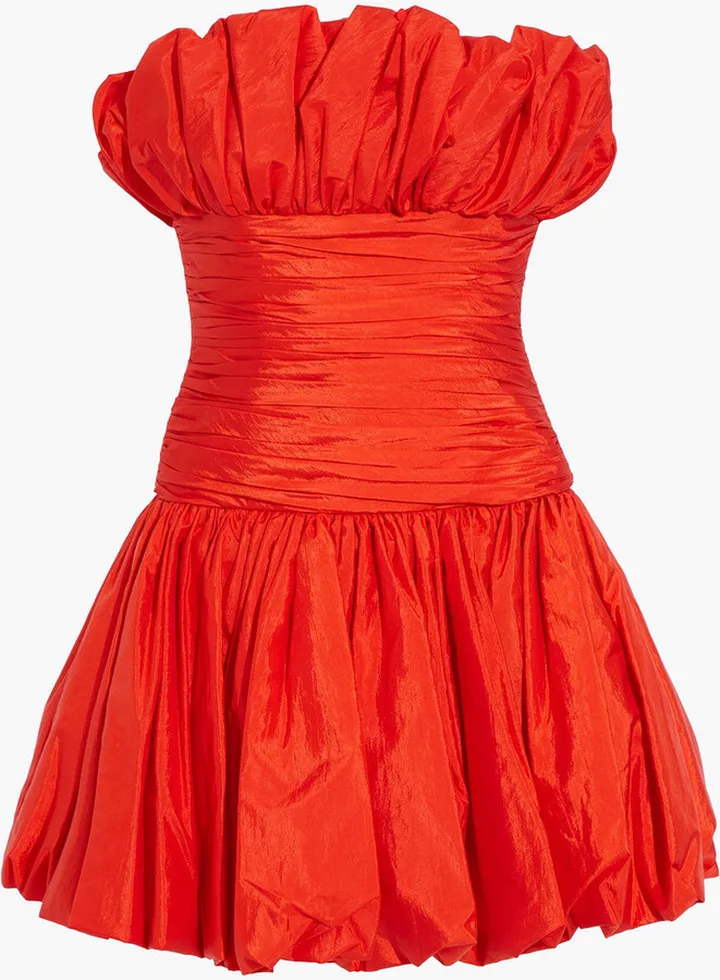 Strapless gathered taffeta mini dress