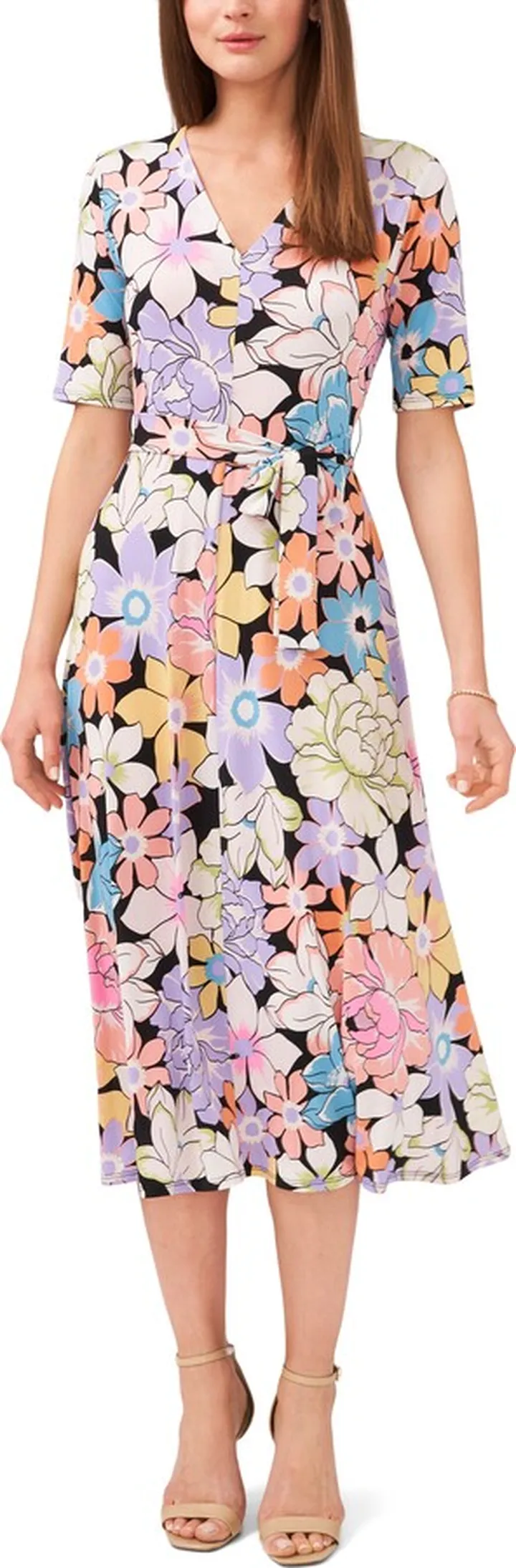 Floral Belted V-Neck Midi Dress