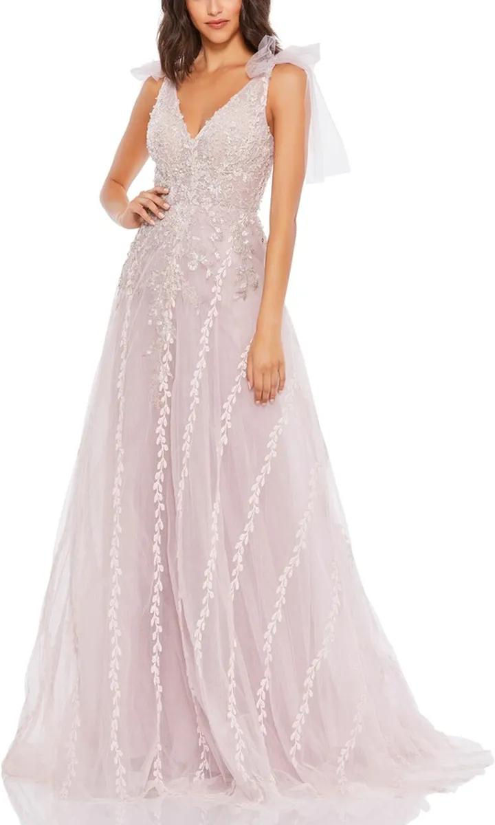 Beaded Floral Tie Strap Tulle A-Line Gown