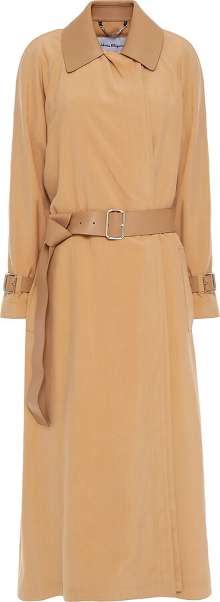 Leather-trimmed washed-silk trench coat
