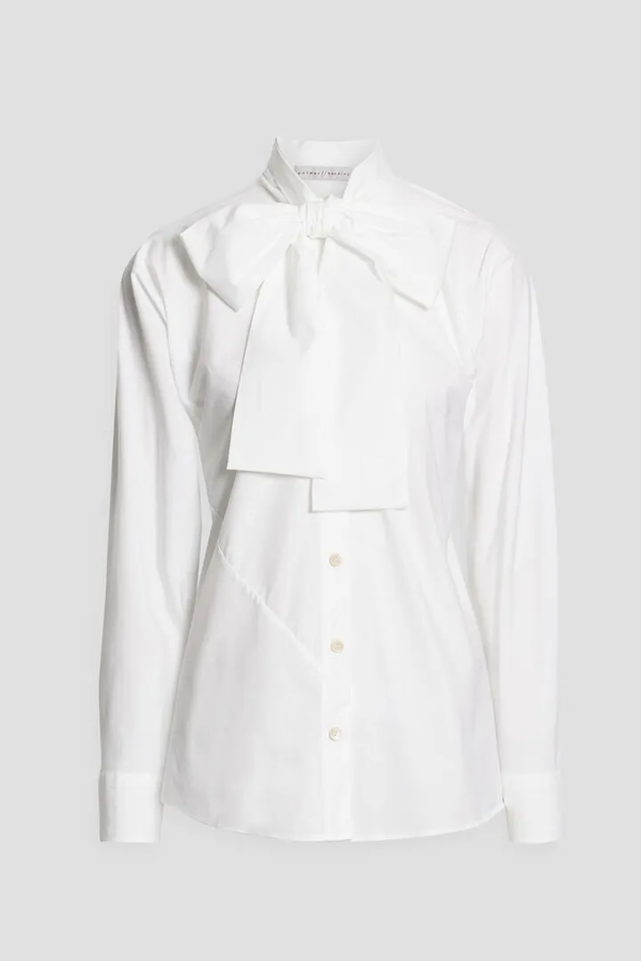 Pussy-bow cotton-blend poplin blouse
