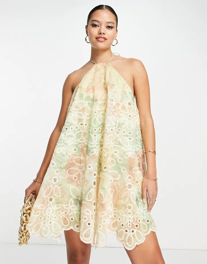 ASOS DESIGN halter floral eyelet mini dress with watercolor floral