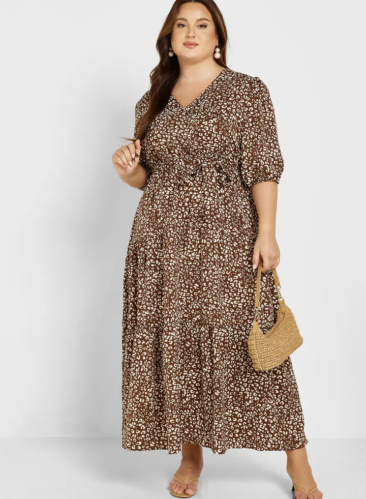Tiered Tie Waist Printed Dress