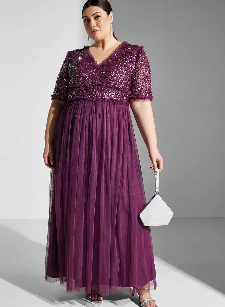 V-Neck Sequin Detail Dress