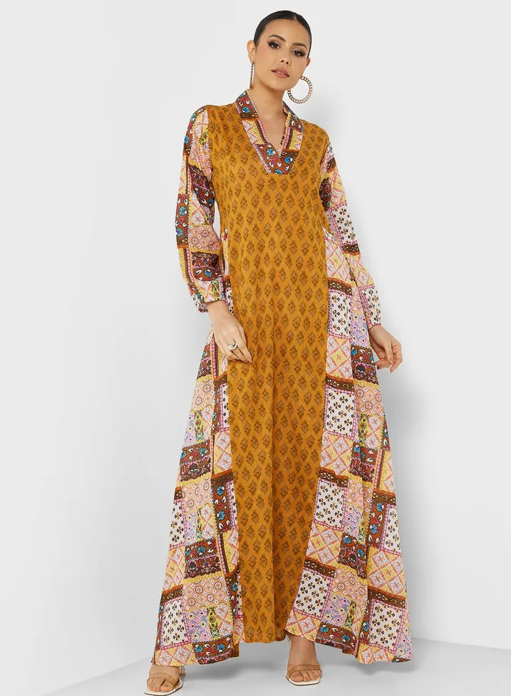 Printed V-Neck Jalabiya