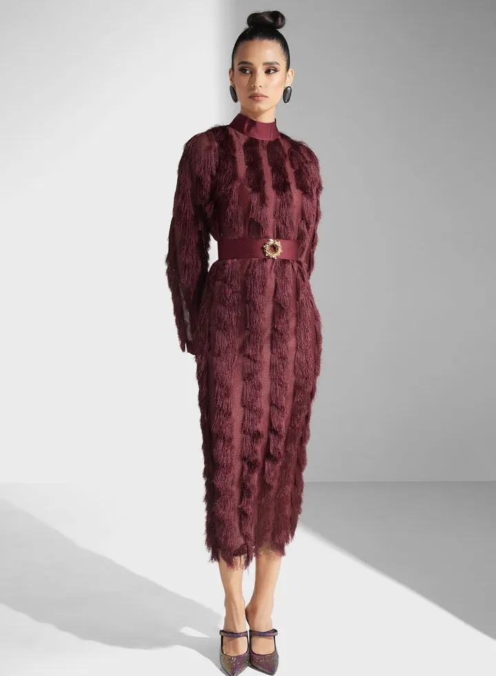 Fur Detail Belted Dress