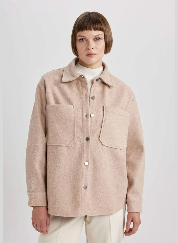 Woman Shacket Woven Long Sleeve Shirt