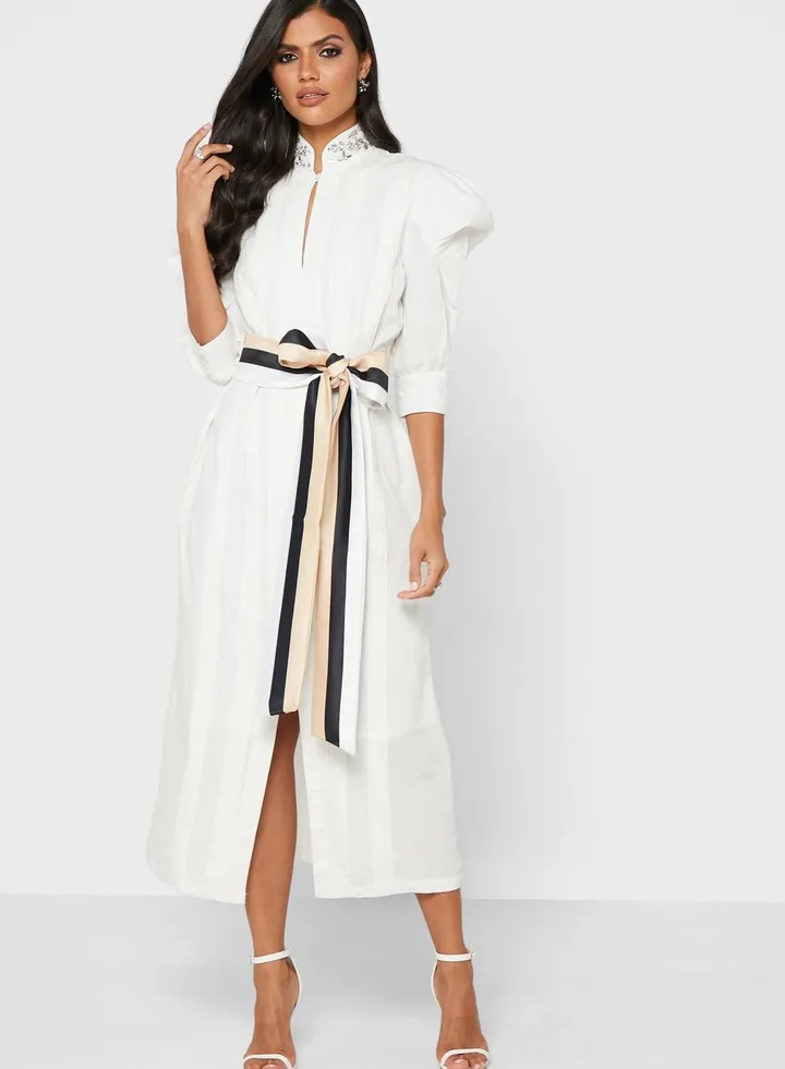 Embellished Collar Belted Dress