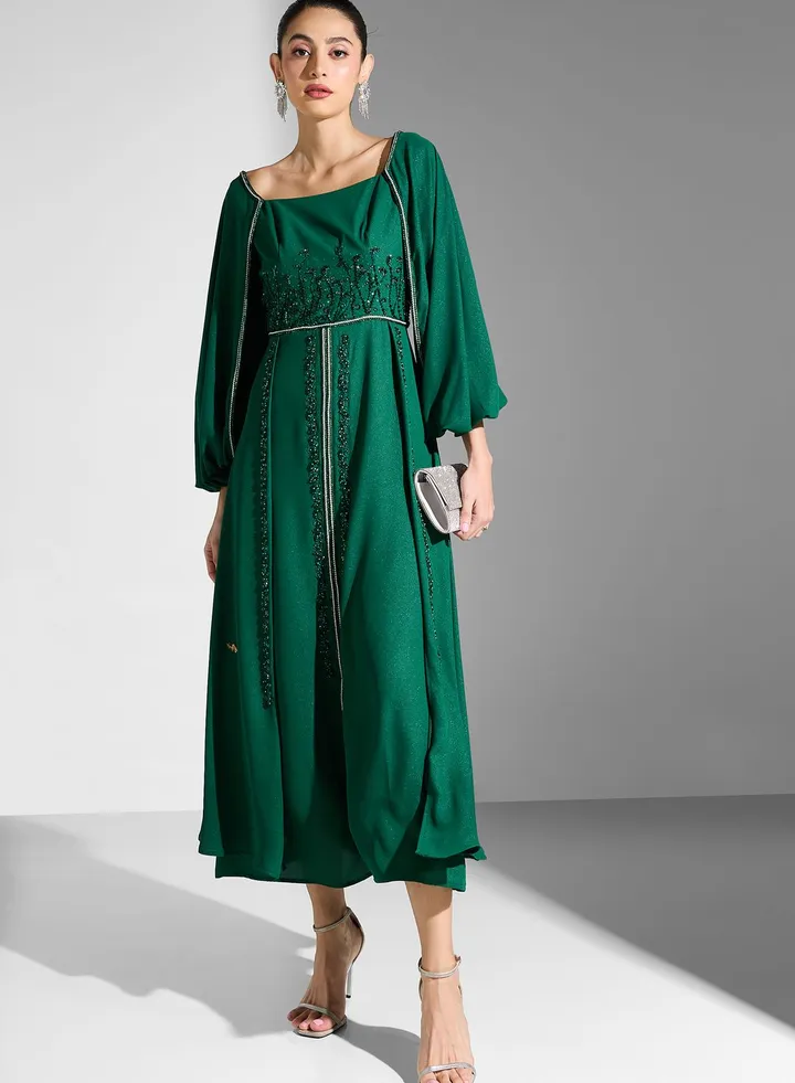 Flared Sleeve Mesh Detail Dress