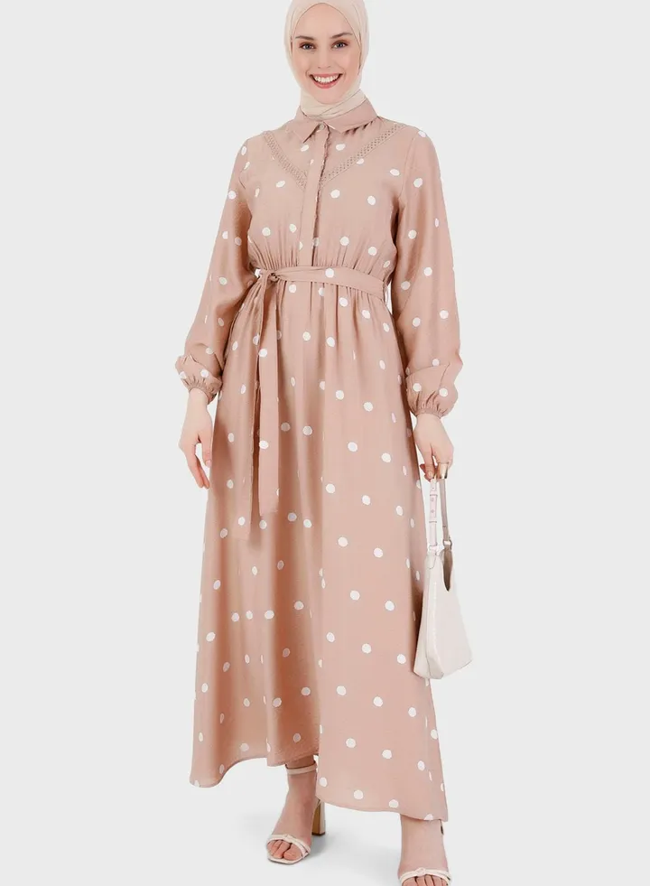 Belted Puff Sleeve Printed Dress