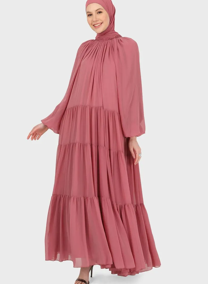 Balloon Sleeve Mesh Tiered Dress
