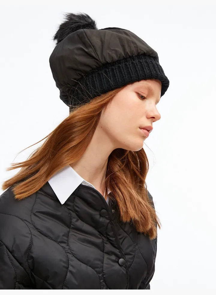 Puffer Beanie Ribbed Pompom Detail