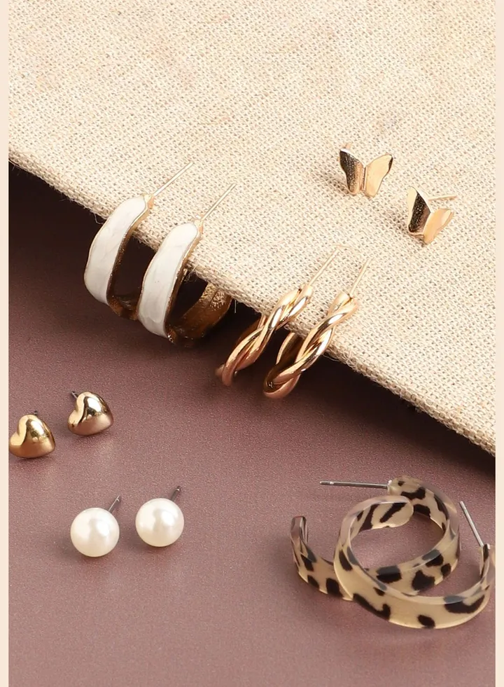 Set of 6 Gold Plated Casual Pearls Stud and Hoop Earring For Women