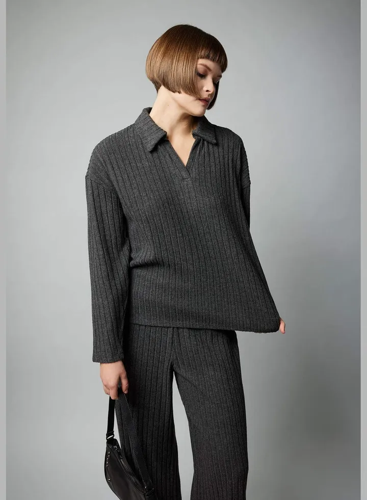 Woman Polo Neck Knitted Long Sleeve T-Shirt